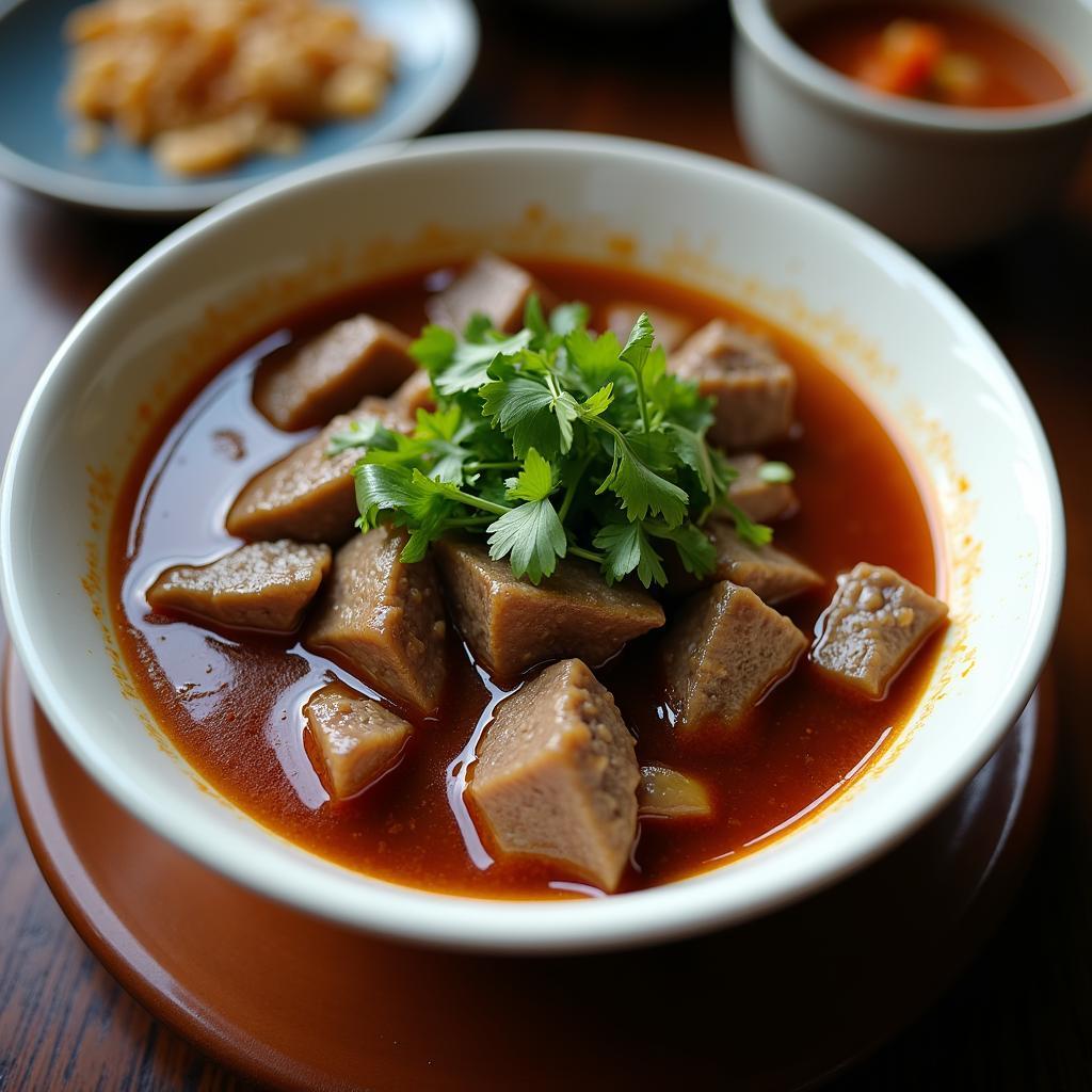 Bát bò sốt vang nóng hổi, thơm ngon, hấp dẫn, với thịt bò mềm tan và nước sốt sánh mịn.