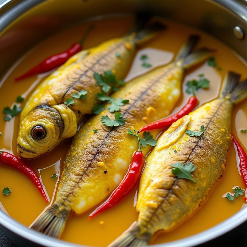 Cá chim kho nghệ đang được kho liu riu trong nồi, màu vàng ươm hấp dẫn