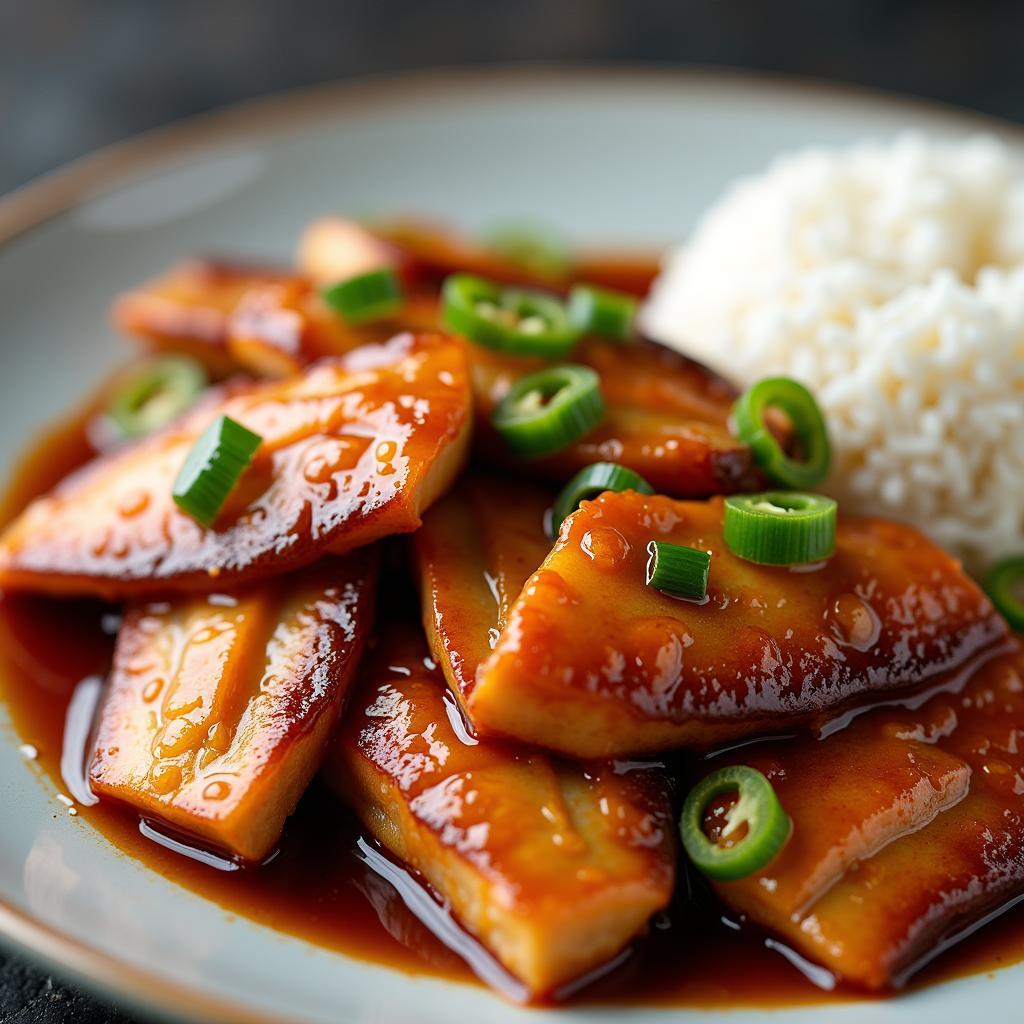 Món cá ngân kho rim chua ngọt thơm ngon, màu sắc hấp dẫn, bày trên đĩa với cơm trắng