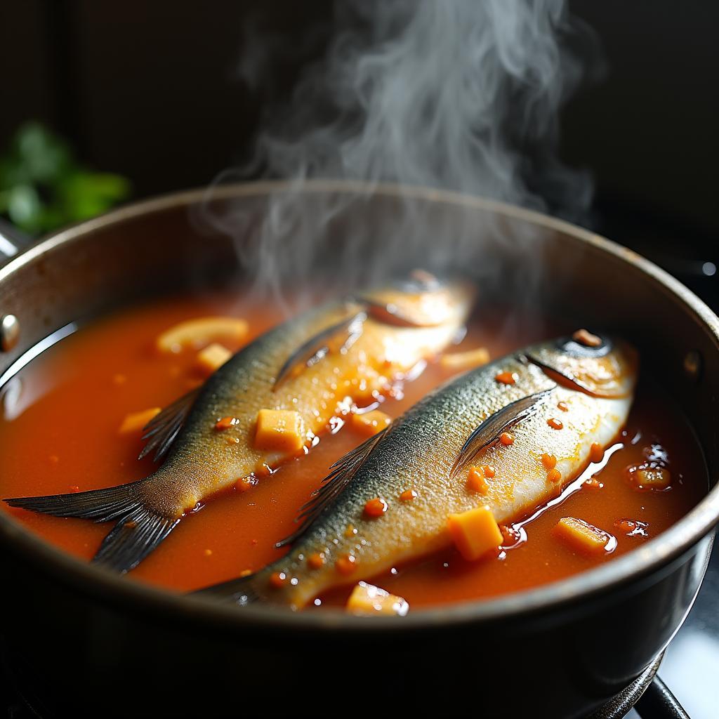 Quá trình kho cá nục với mật mía trong nồi, nước kho sánh lại, màu cánh gián đẹp mắt