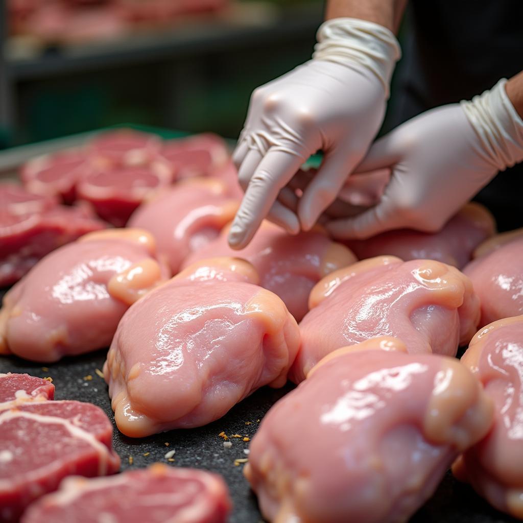 Cách chọn thịt gà tươi ngon cho món gà rang mẻ, thịt có màu hồng, da không bị thâm tím, ấn vào có độ đàn hồi tốt