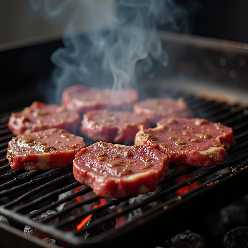 Nướng thịt trâu trên bếp than hoa thơm phức, màu sắc hấp dẫn