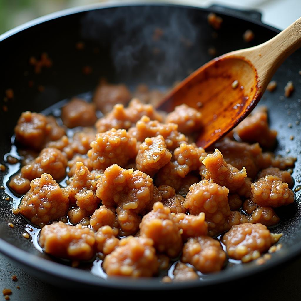 Quá trình chưng thịt băm với mắm tép trên chảo gang đến khi cạn nước và có màu vàng nâu hấp dẫn.