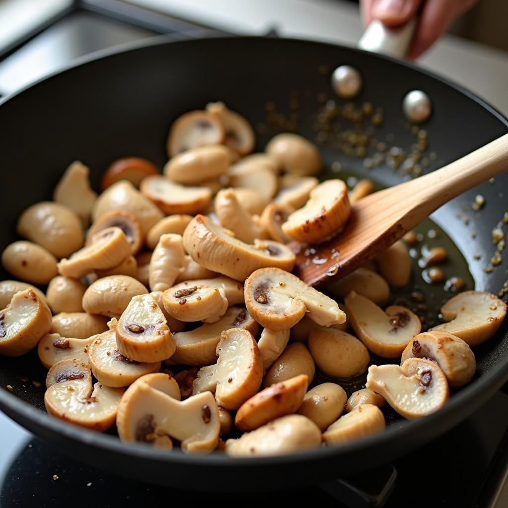 Quá trình xào thịt gà với nấm đùi gà thơm ngon trên bếp