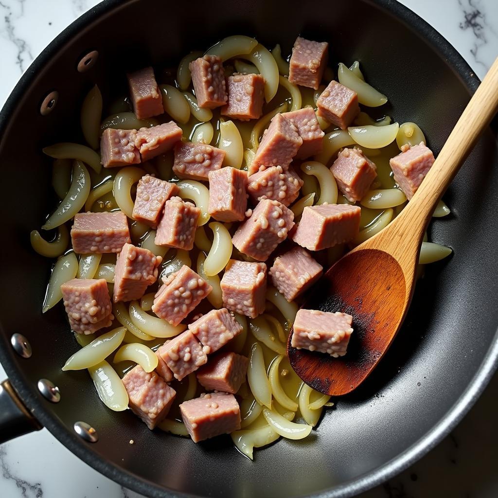 Quá trình xào thịt trâu với tỏi và hành tây trên chảo nóng, đảo nhanh tay để thịt chín đều và không bị dai