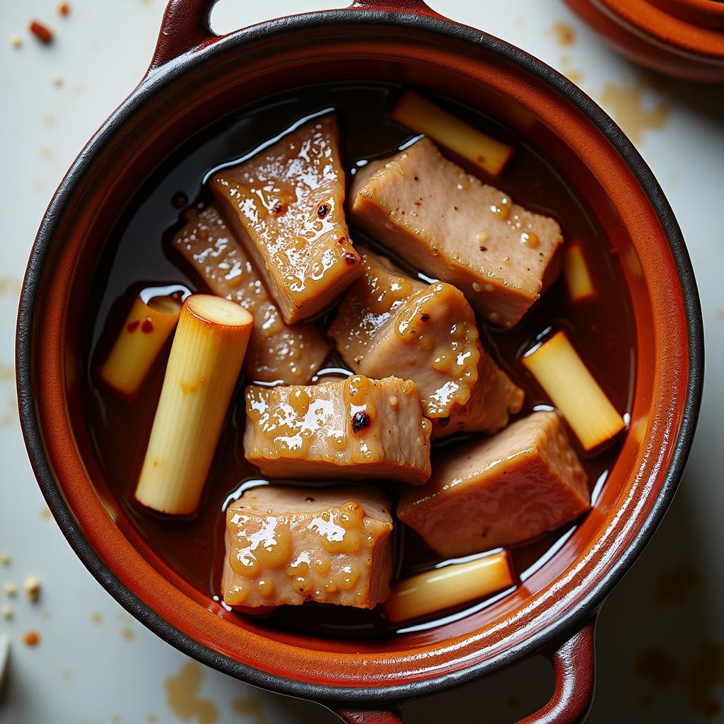 Thịt ba chỉ kho măng công đoạn kho liu riu đến khi thịt mềm và măng ngấm gia vị