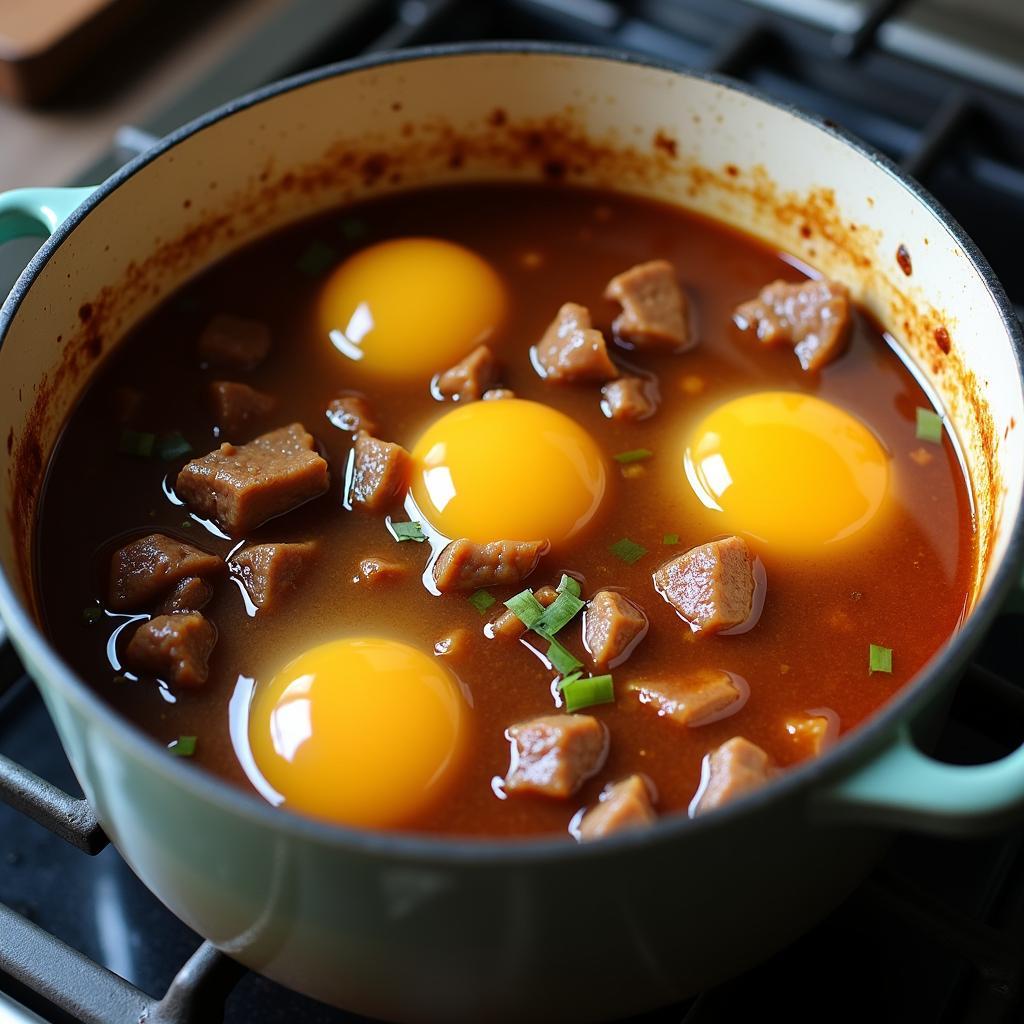 Hình ảnh nồi thịt kho trứng đang sôi liu riu trên bếp với màu sắc cánh gián đẹp mắt và những quả trứng căng tròn