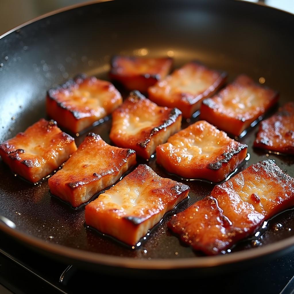 Công đoạn rang thịt ba chỉ cháy cạnh trên chảo, màu sắc vàng ruộm hấp dẫn.