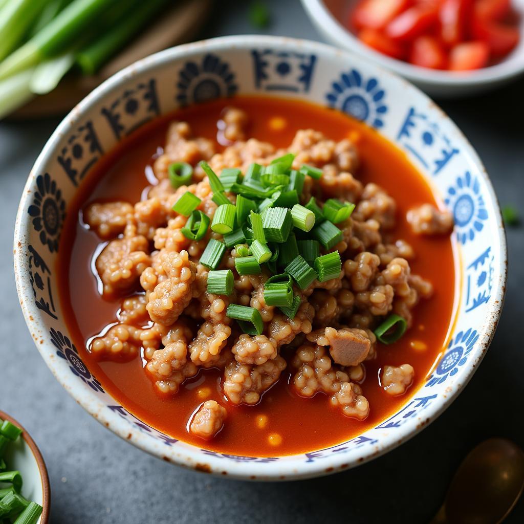 Thịt băm sốt cà chua hoàn thiện, bày trong bát, trang trí hành lá