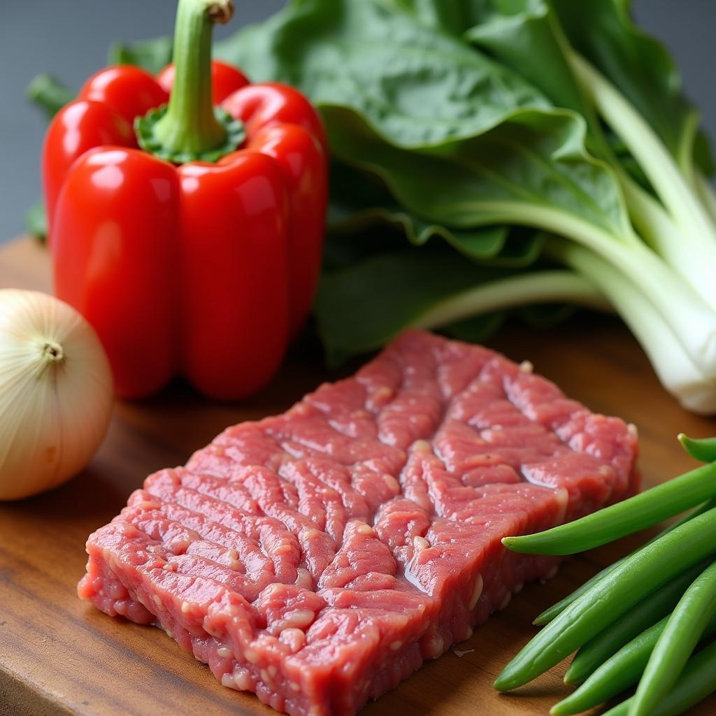 Thịt bò xào nguyên liệu tươi ngon, thịt bò đỏ tươi, rau củ xanh mướt