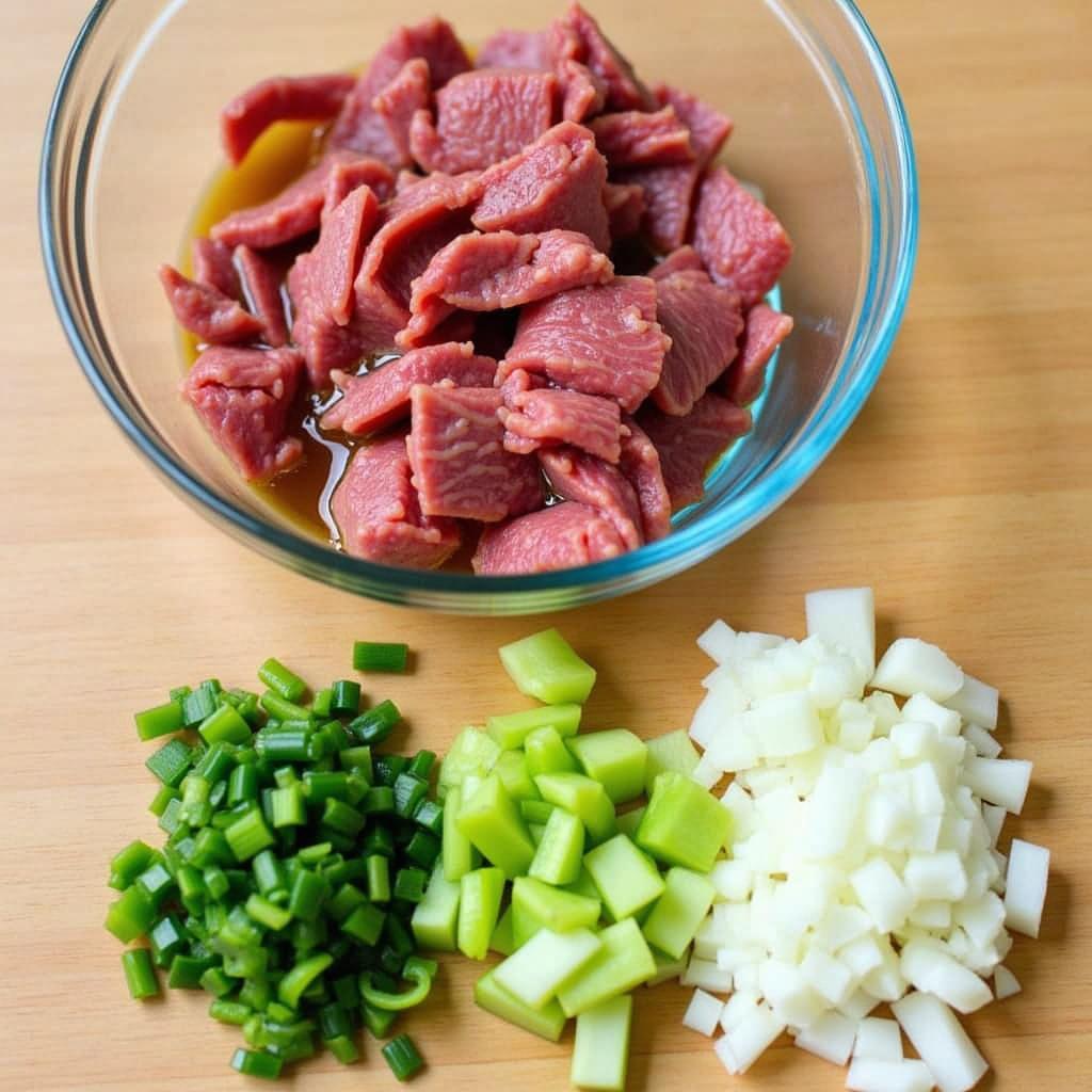 Thịt bò xào sơ chế đúng cách, thịt thái mỏng ướp gia vị, rau củ cắt vừa ăn