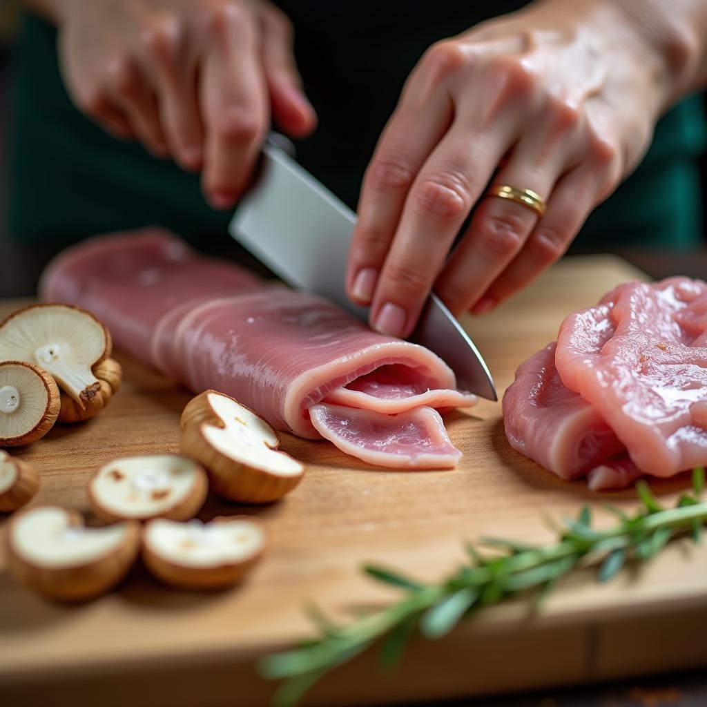 Sơ chế kỹ lưỡng thịt chân giò, bì heo, nấm hương và mộc nhĩ cho món thịt đông trong veo