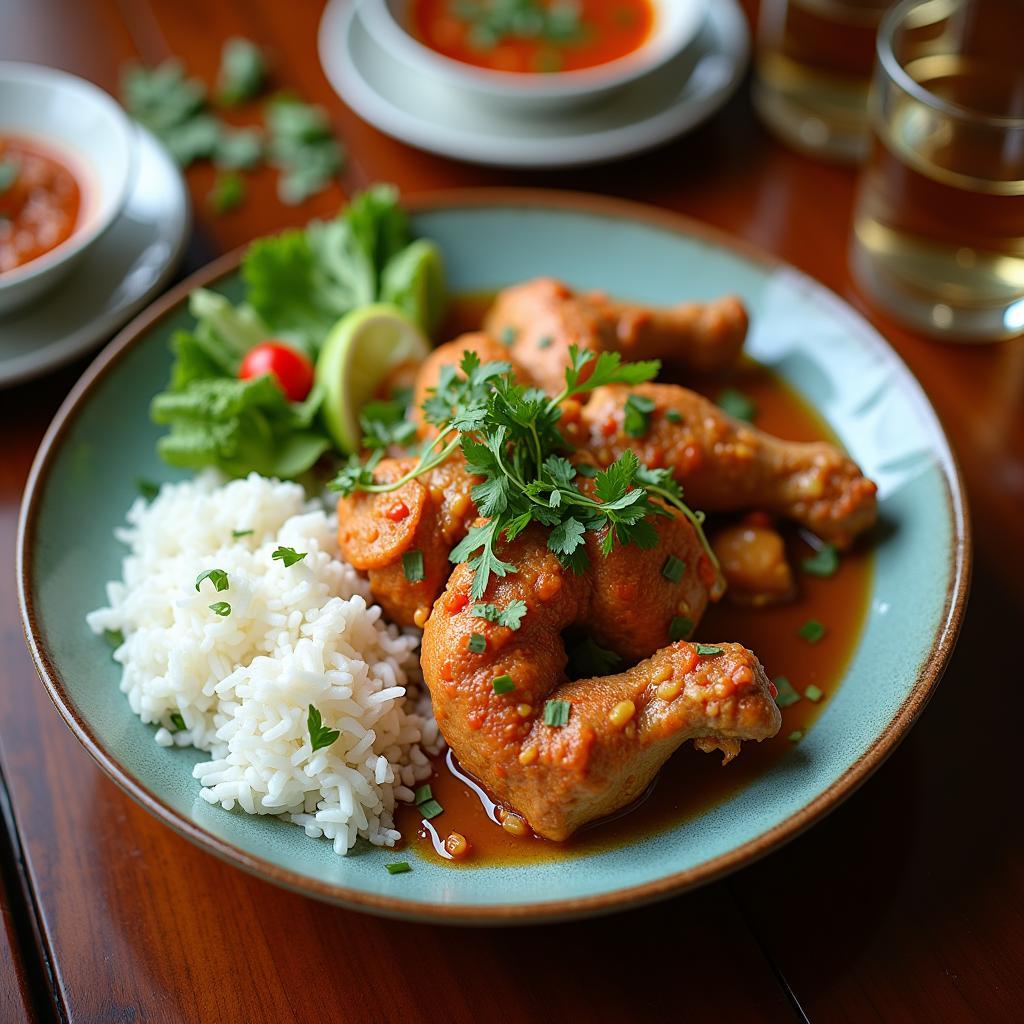 Thịt gà rang mẻ nóng hổi thơm ngon ăn cùng cơm trắng và rau luộc trong bữa cơm gia đình ấm cúng