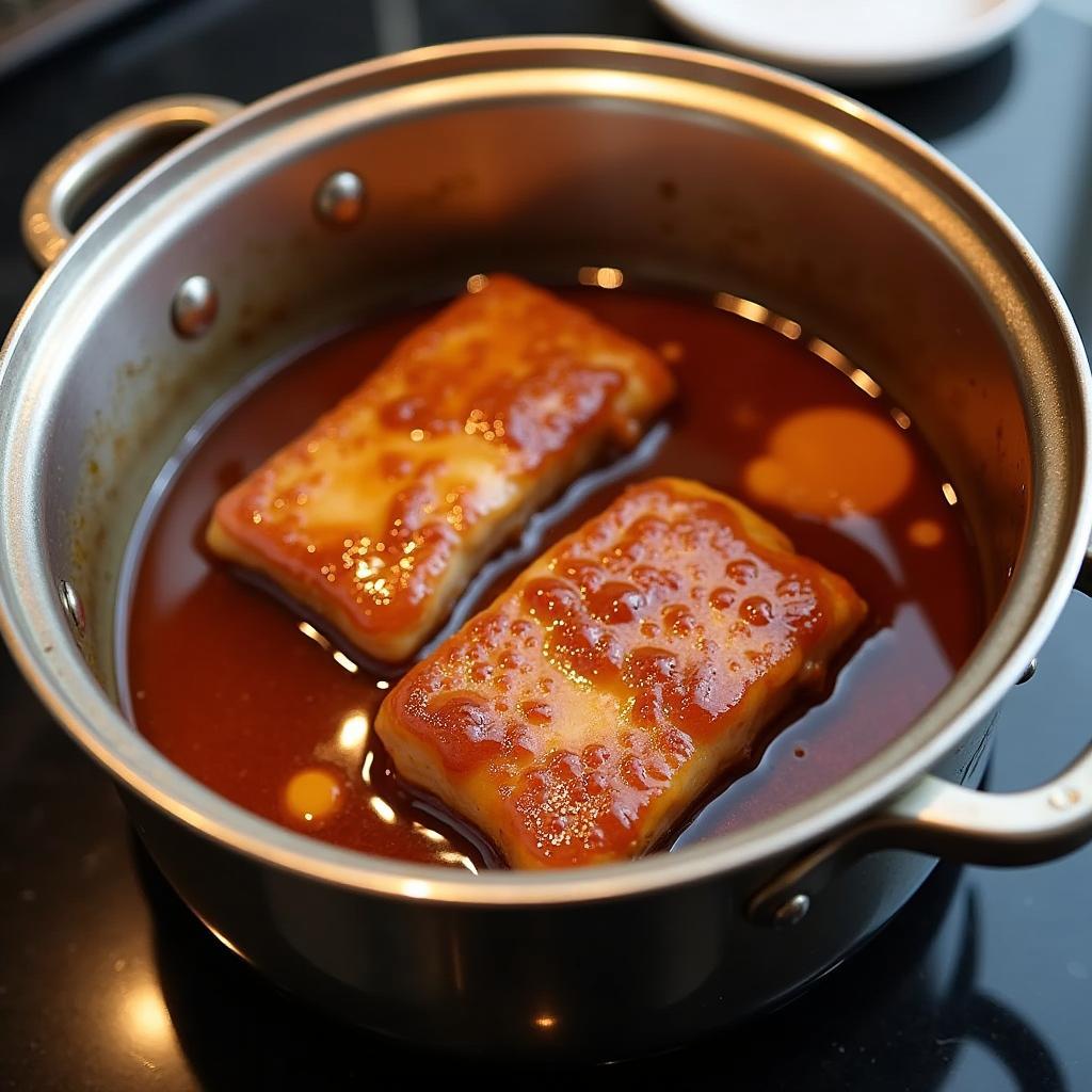 Quá trình nấu thịt heo kho mật ong trên bếp từ, thể hiện màu sắc hấp dẫn và sự sánh mịn của nước sốt