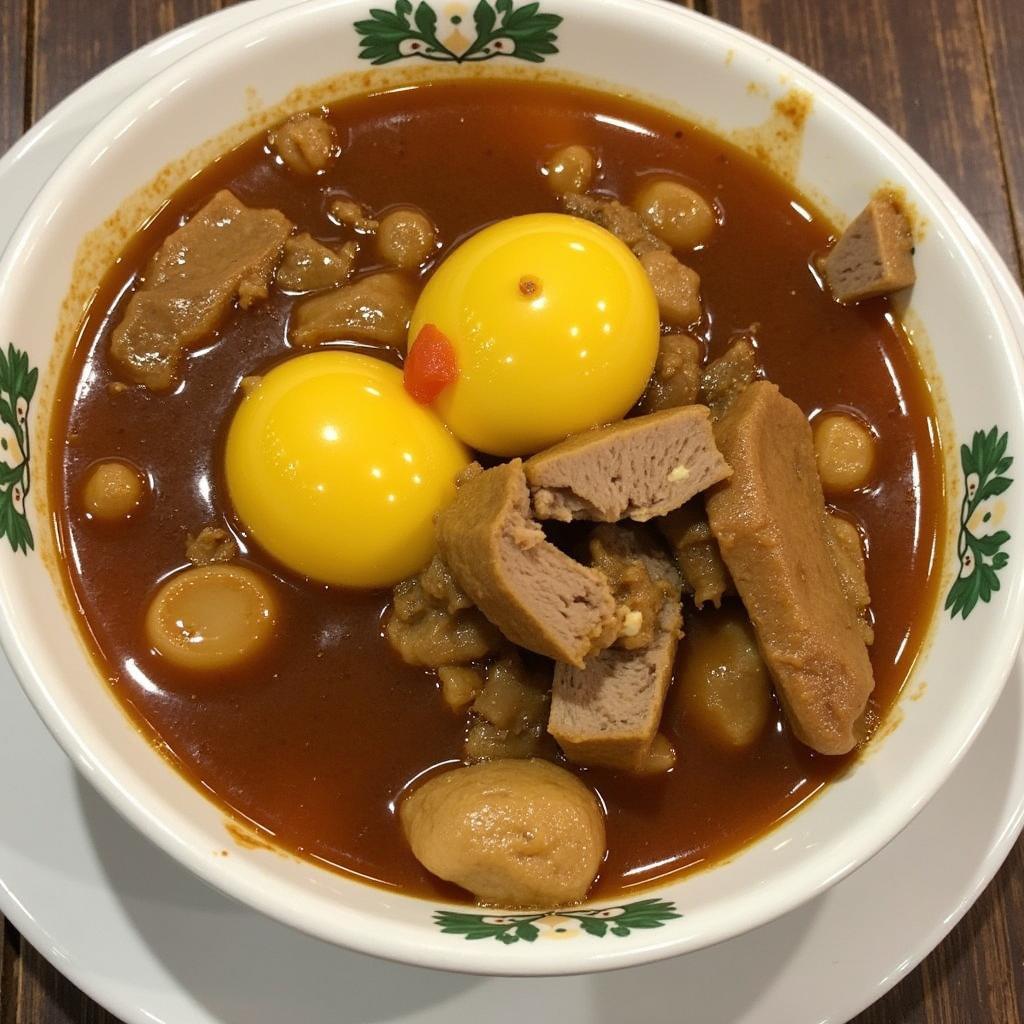 Thịt kho tàu và trứng vịt sau khi hoàn thành, bày ra bát với màu sắc hấp dẫn