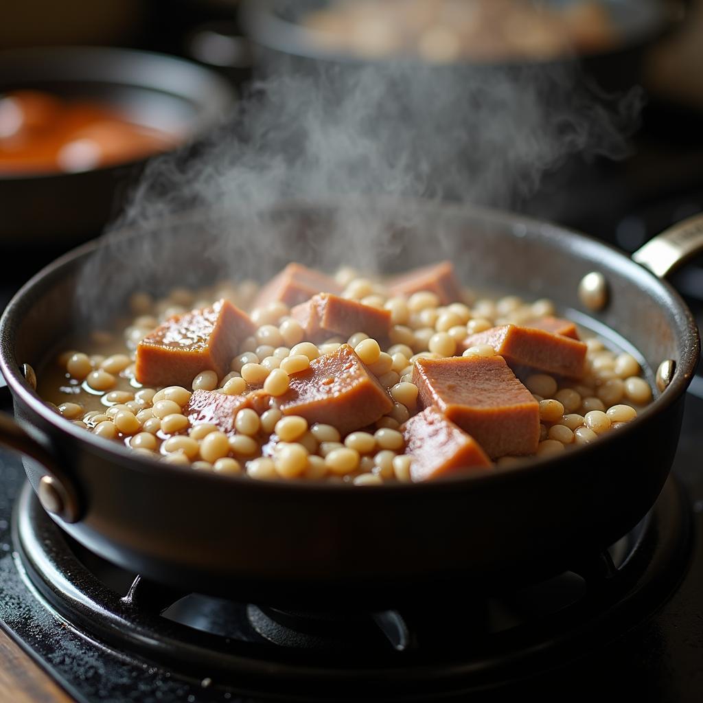 Thịt lợn hầm hạt sen được hầm trên bếp với lửa nhỏ cho đến khi mềm và thấm gia vị