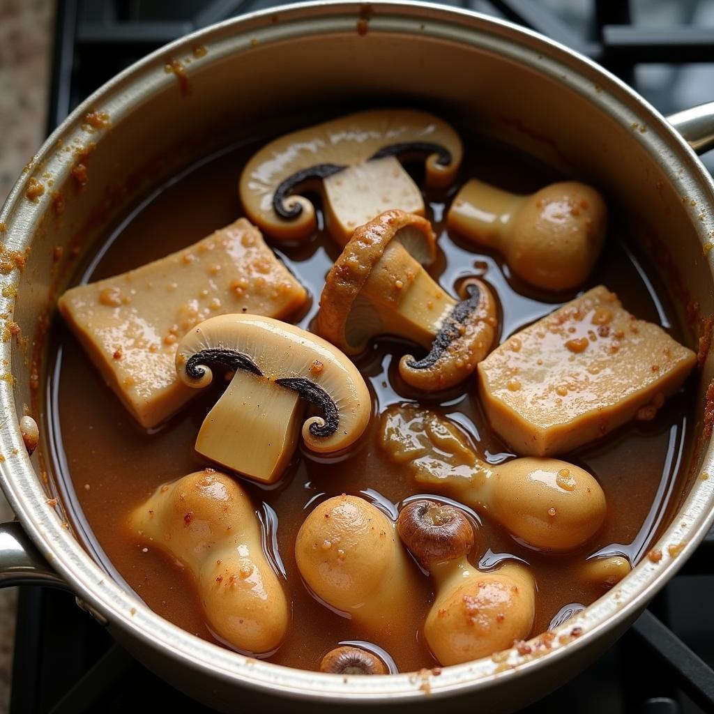 Thịt lợn hầm nấm hương đang được hầm trong nồi trên bếp, nước hầm có màu nâu cánh gián hấp dẫn.