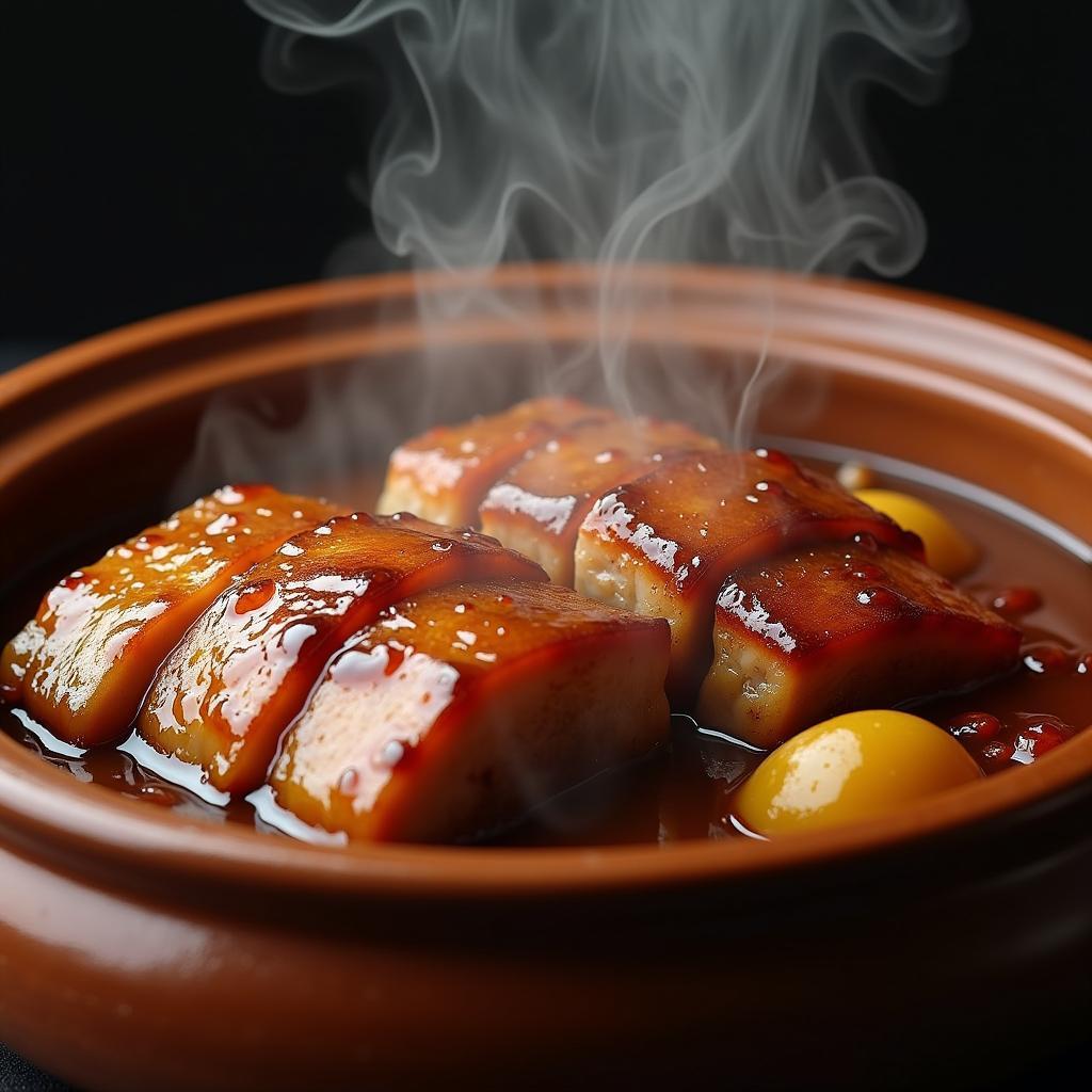 Thịt lợn kho ngũ vị hương đang kho trong nồi đất, màu sắc hấp dẫn, hương thơm tỏa ra