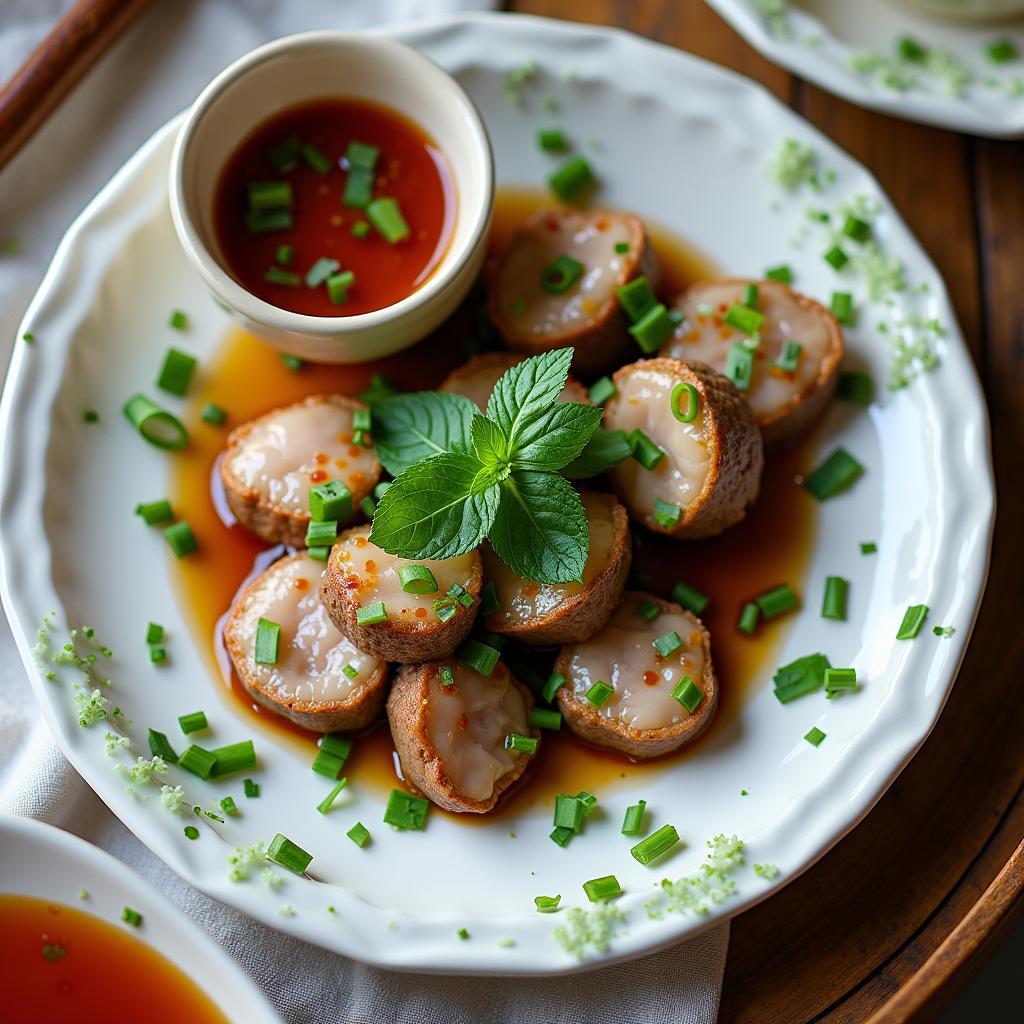 Đĩa thịt nghé hấp gừng sả thơm lừng, bày trí hấp dẫn cùng rau sống và chén mắm nêm chuẩn bị để thưởng thức