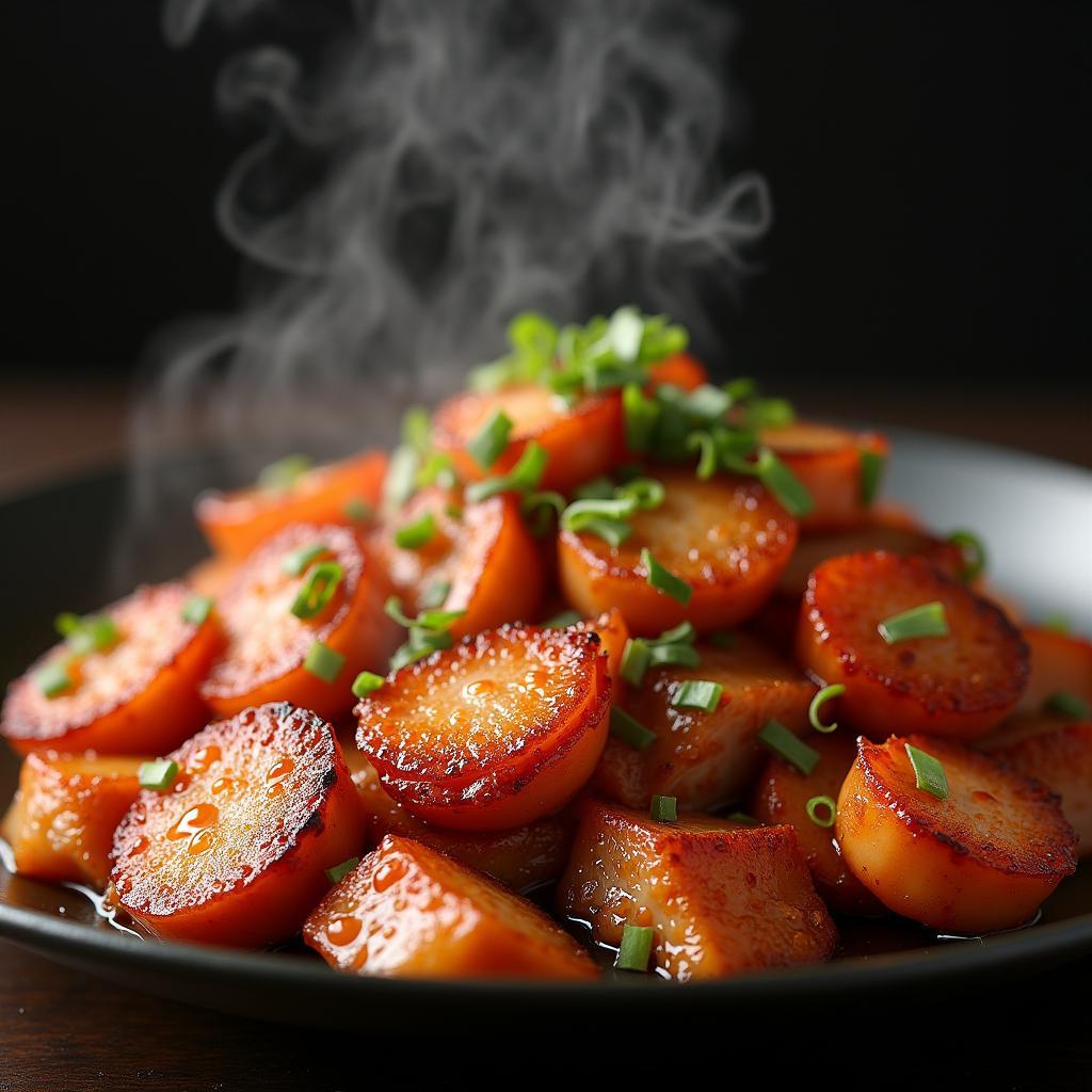 Thịt rang cháy cạnh mắm tôm vàng đều, thơm ngon, hấp dẫn, món ăn quen thuộc đậm đà hương vị