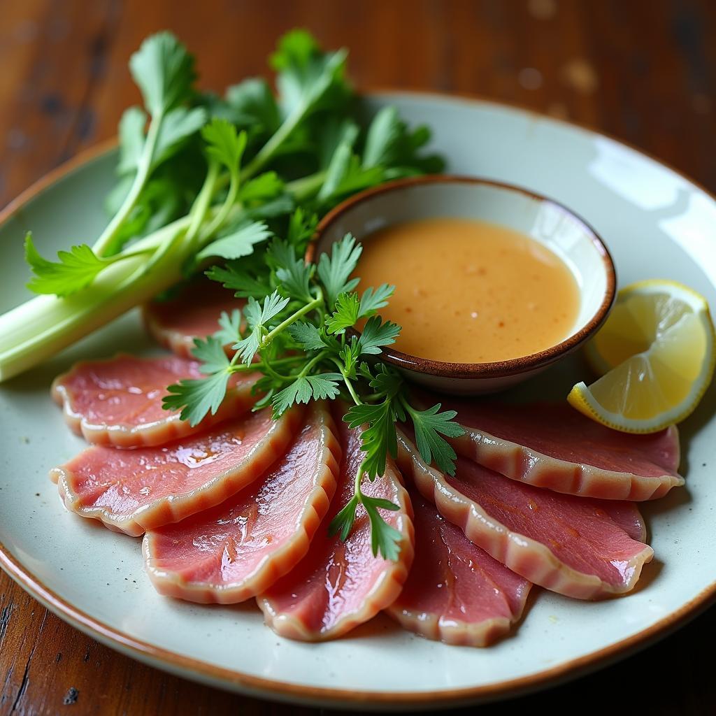 Thịt trâu luộc sả giòn ngon hấp dẫn trình bày đẹp mắt với rau sống