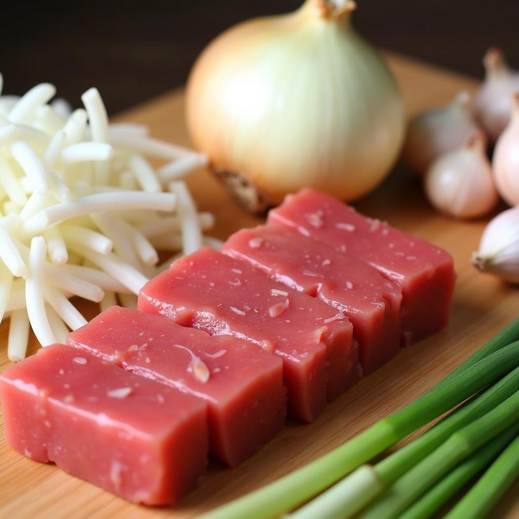 Thịt trâu xào giá đỗ nguyên liệu tươi ngon, thịt trâu đỏ tươi giá đỗ trắng mập