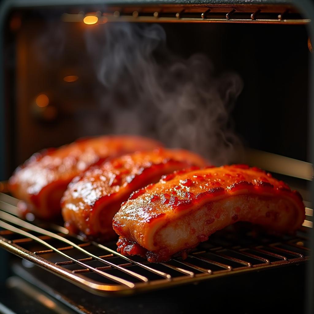 Thịt xá xíu vừa nướng xong nóng hổi, màu đỏ au hấp dẫn, thơm lừng cả gian bếp