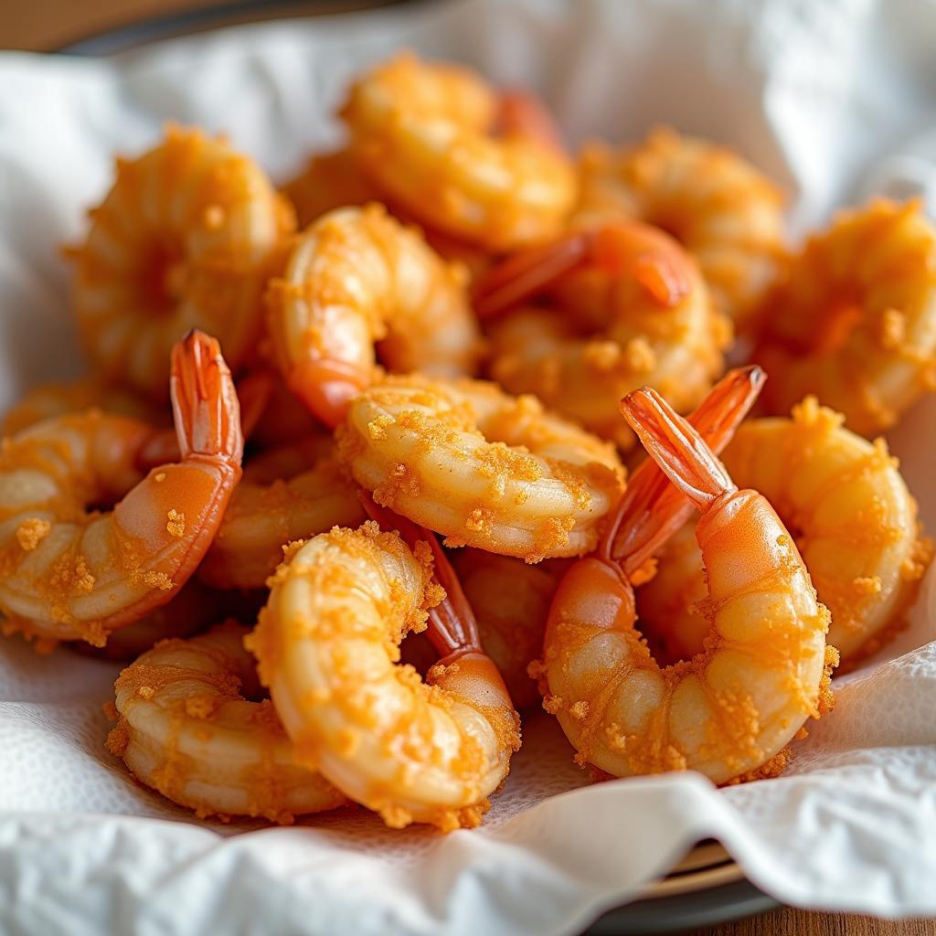 Tôm chiên xù vàng óng giòn rụm vừa được chiên xong, đặt trên giấy thấm dầu